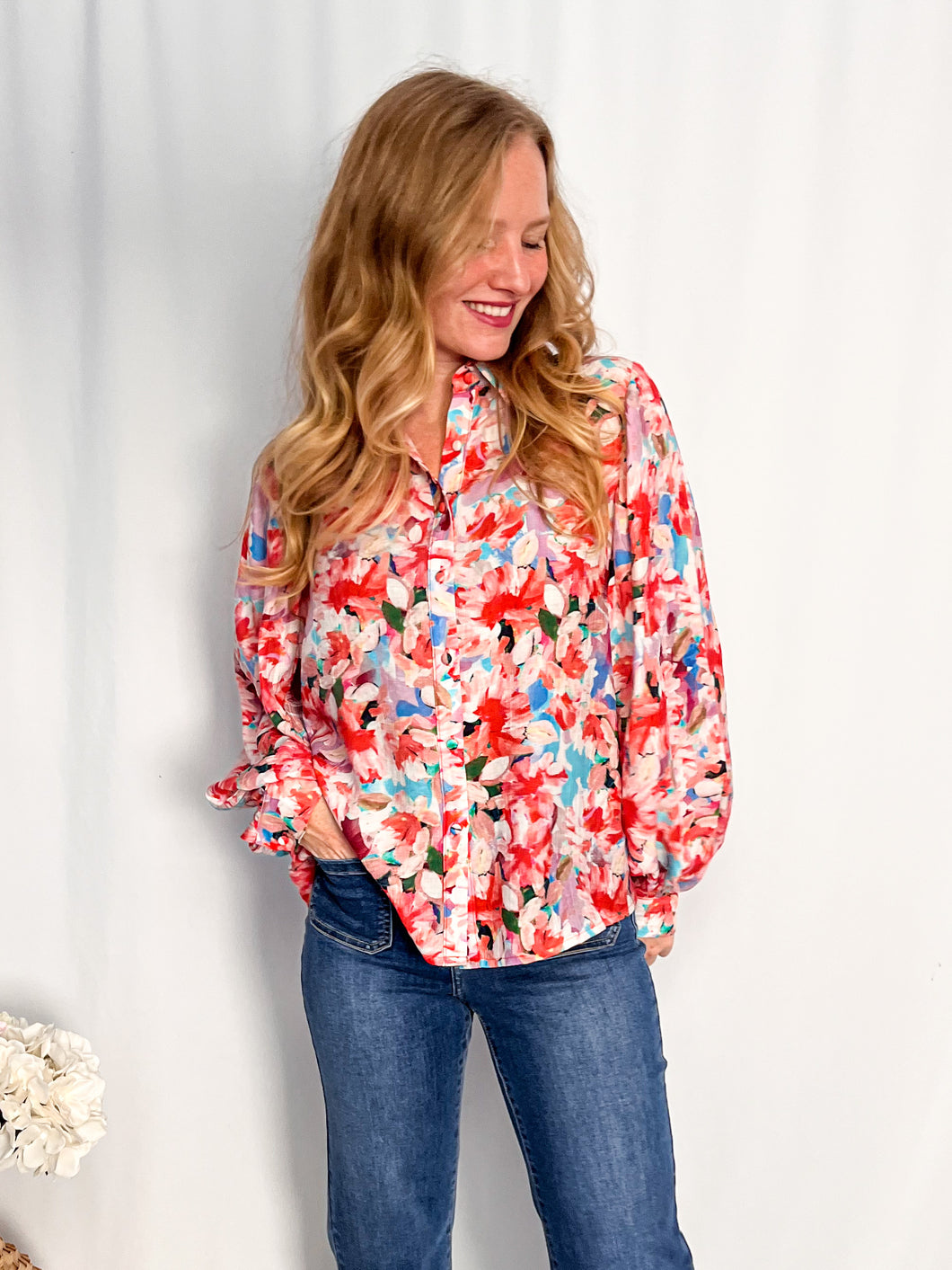 Floral Balloon Sleeve Blouse - pink/red