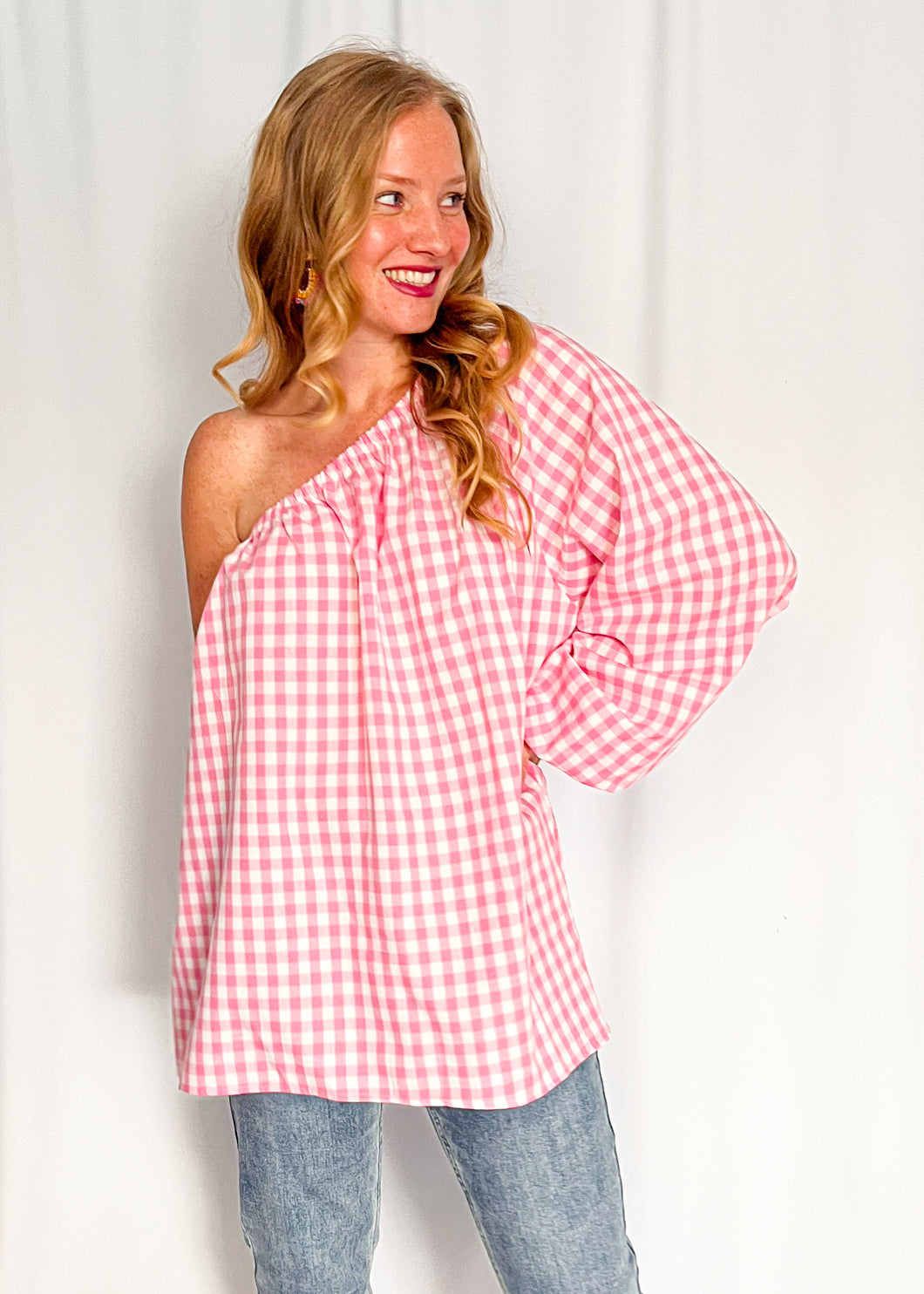 Assymetric Gingham Blouse - pink