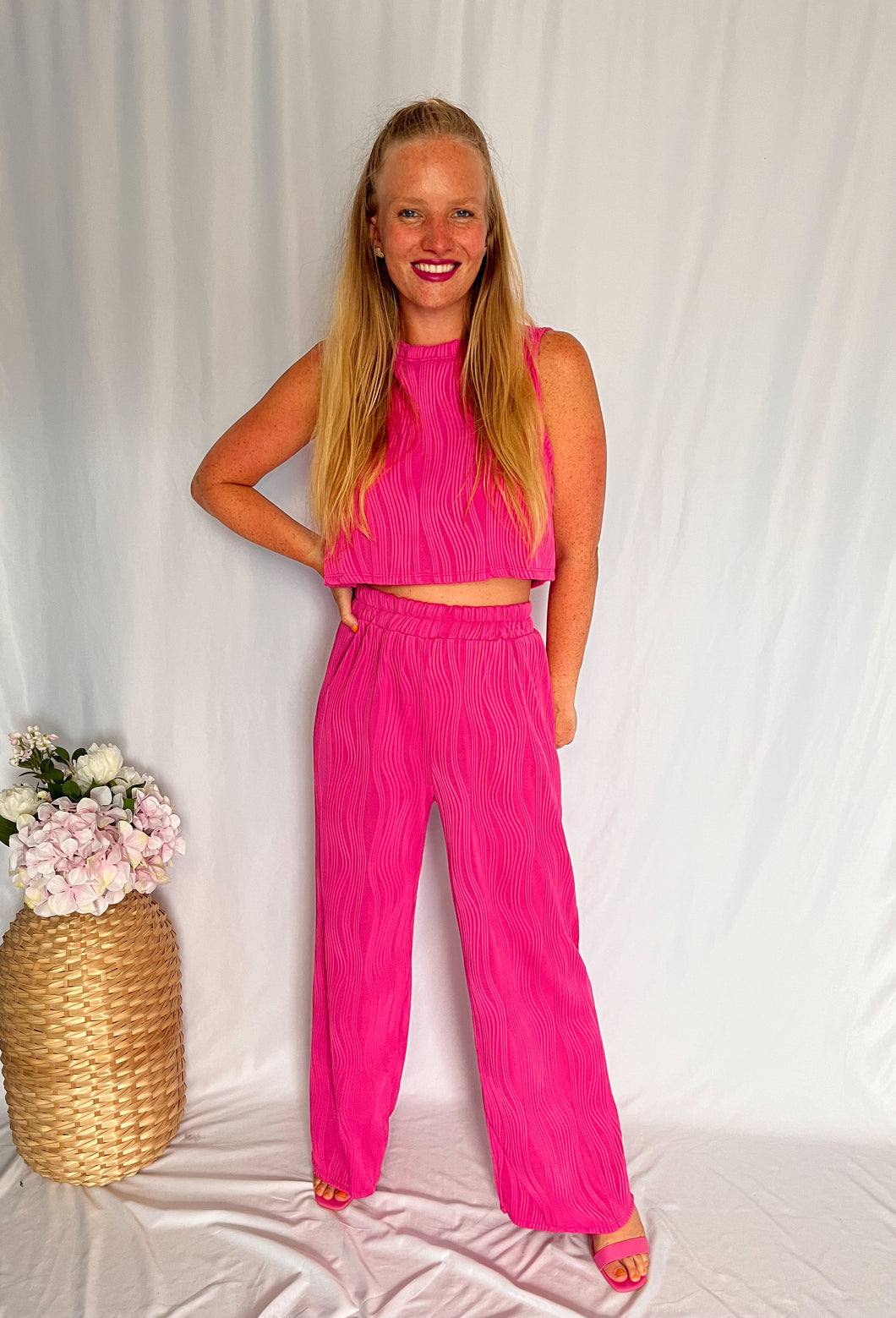 Textured Crop Top Set - pink