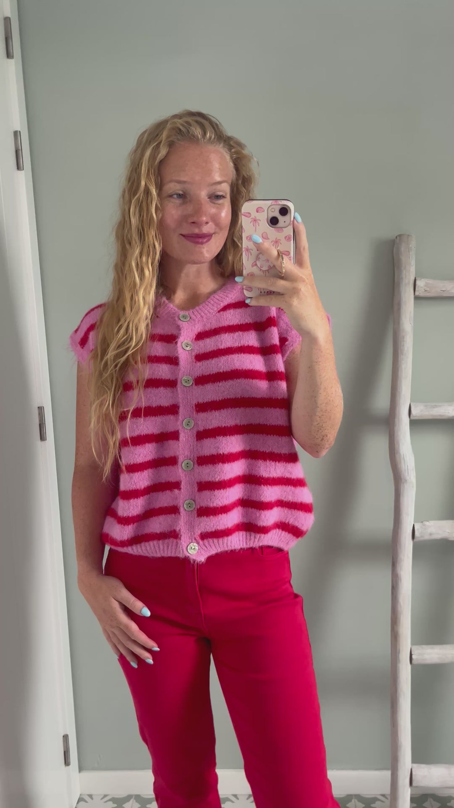Short Sleeve Striped Cardigan - pink/red
