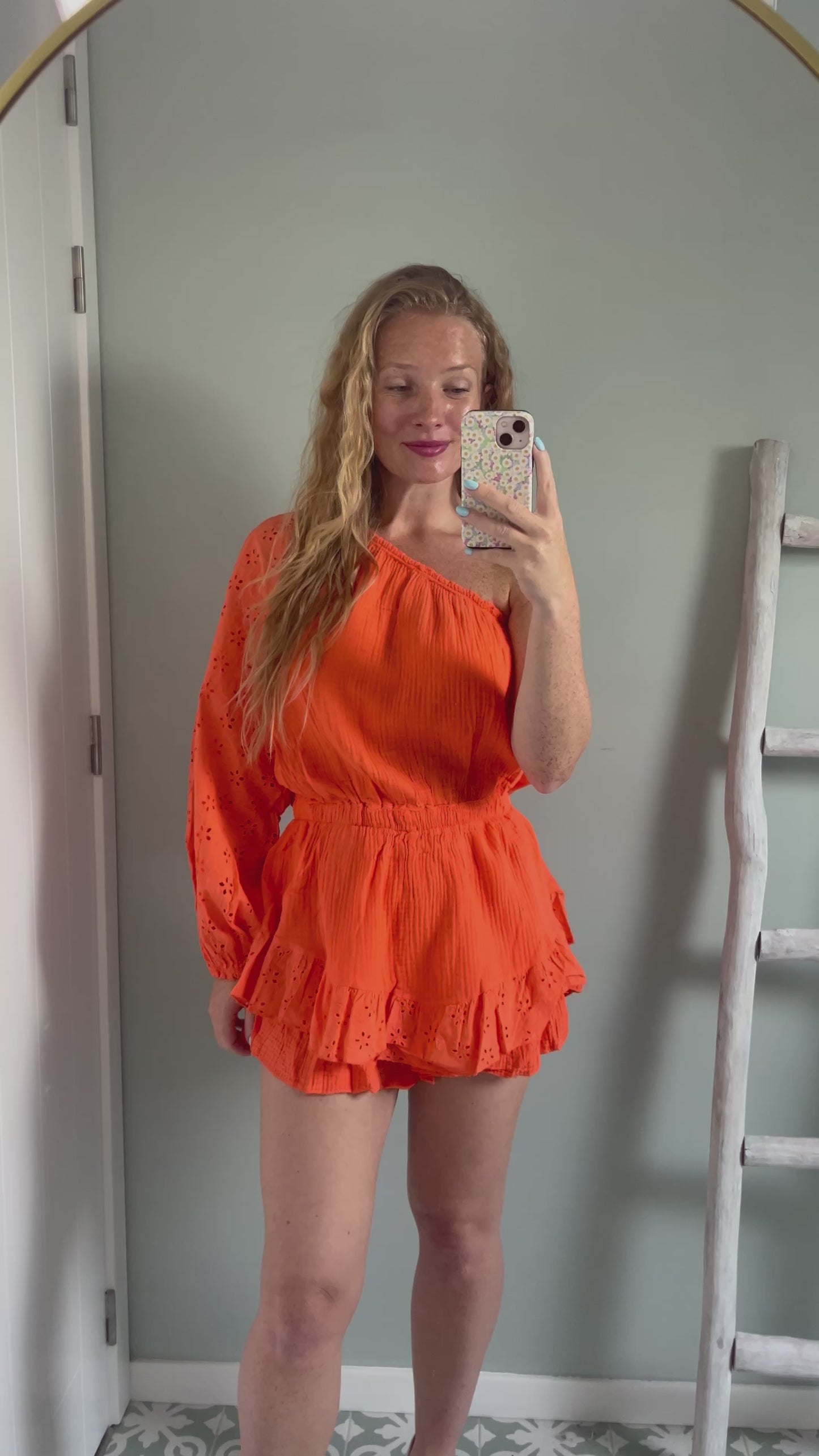 Assymetric Embroidered Playsuit - orange