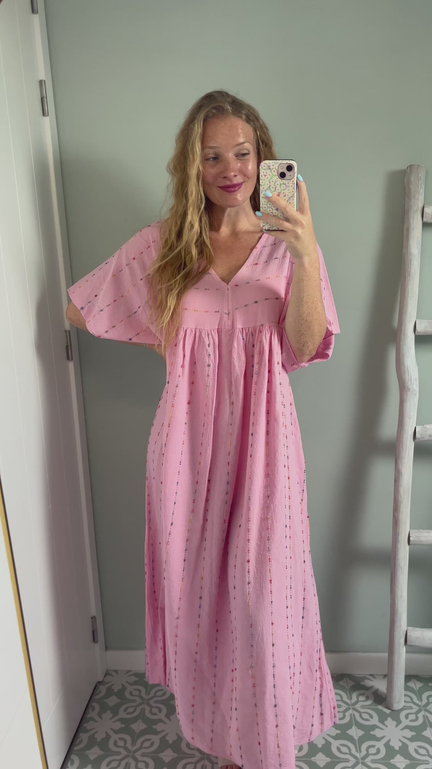 Loose Embroidered Maxi Dress - pink