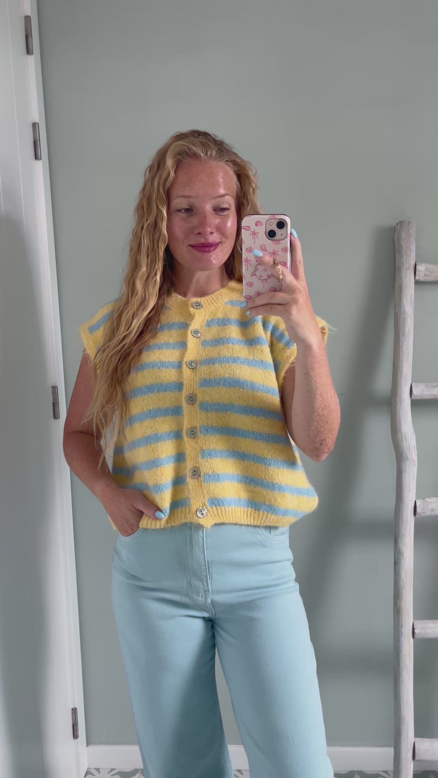 Short Sleeve Striped Cardigan - yellow/blue